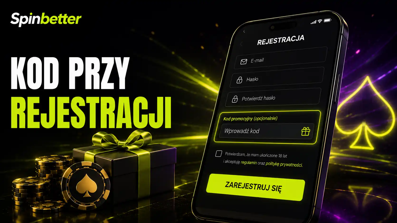 Pole na kod promocyjny SpinBetter w formularzu zakładania konta